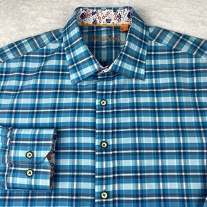 JUSTINS Shirt Mens Large Blue Plaid Contrasting Trim Long Sleeves